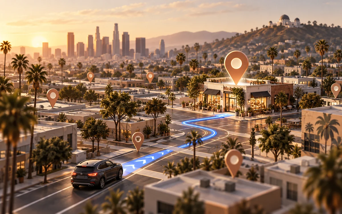 A route through Los Angeles leading to a highlighted neighborhood business