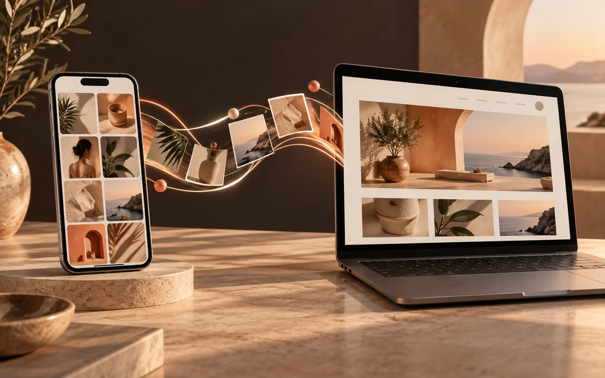 A phone with a social content grid connected to a small-business website on a laptop