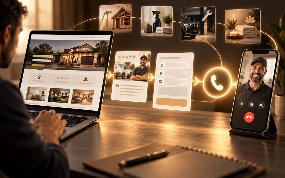 A service-business website journey from project proof and quote form to a customer call