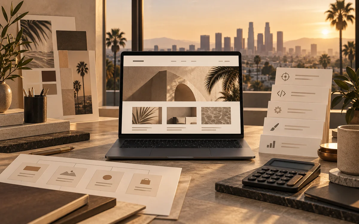 A custom website project, planning cards and calculator on a Los Angeles design studio desk