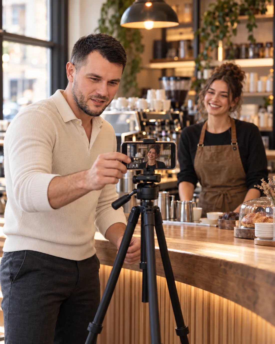 Filming Instagram content for a coffee shop
