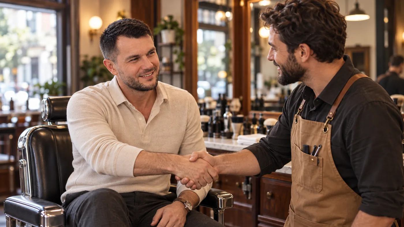 Shaking hands with a barbershop owner