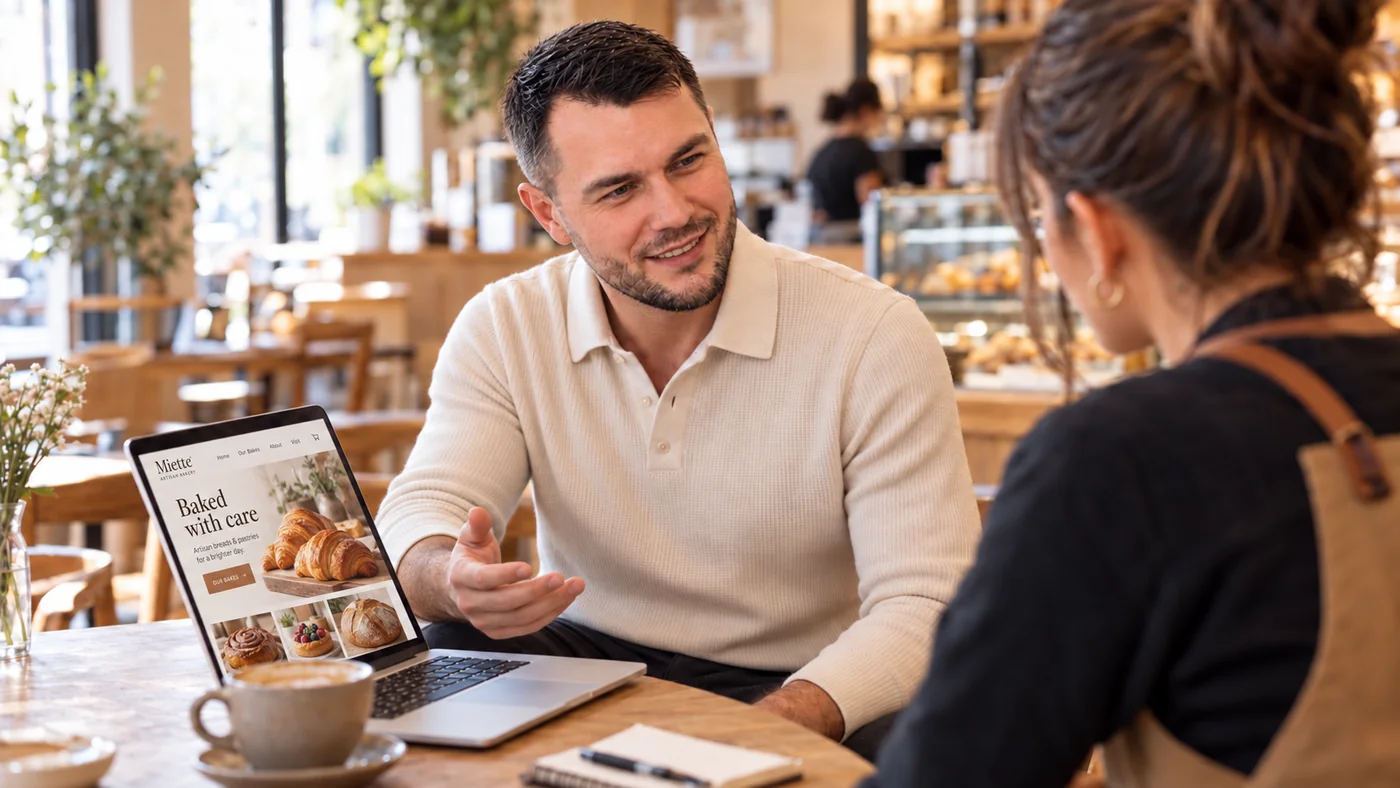 Showing a café owner her new site on a laptop